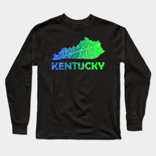 Colorful mandala art map of Kentucky with text in blue and green Long Sleeve T-Shirt